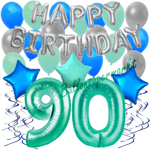 Ballons-und-Dekorations-Set-zum-90.-Geburtstag-Happy-Birthday-Aquamarin