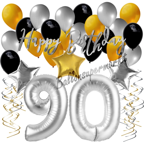 Ballons-und-Dekorations-Set-zum-90.-Geburtstag-Happy-Birthday-Silber-Gold-Schwarz