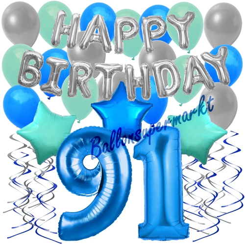 Ballons-und-Dekorations-Set-zum-91.-Geburtstag-Happy-Birthday-Blau