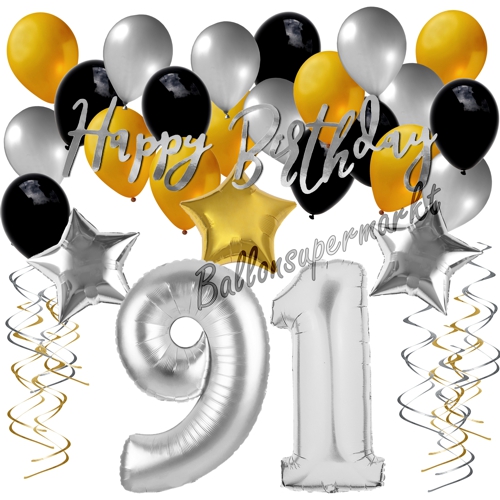 Ballons-und-Dekorations-Set-zum-91.-Geburtstag-Happy-Birthday-Silber-Gold-Schwarz