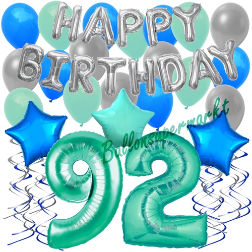 Ballons-und-Dekorations-Set-zum-92.-Geburtstag-Happy-Birthday-Aquamarin