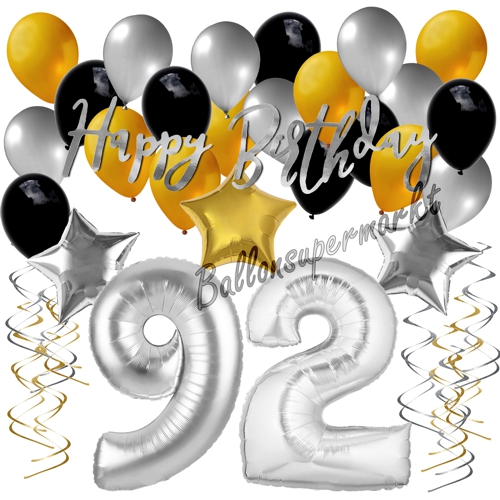 Ballons-und-Dekorations-Set-zum-92.-Geburtstag-Happy-Birthday-Silber-Gold-Schwarz