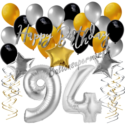 Ballons-und-Dekorations-Set-zum-94.-Geburtstag-Happy-Birthday-Silber-Gold-Schwarz