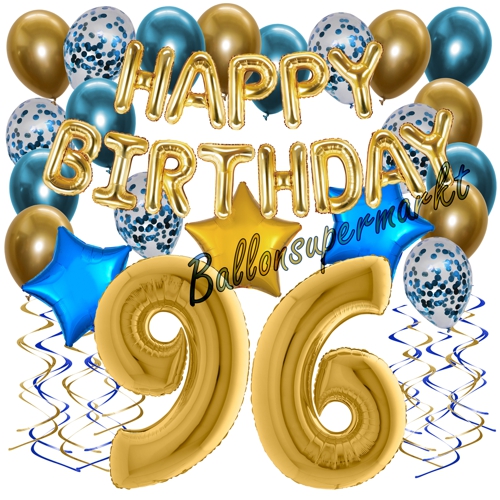 Ballons-und-Dekorations-Set-zum-96.-Geburtstag-Happy-Birthday-Chrome-Blue-and-Gold