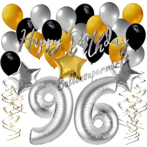 Ballons-und-Dekorations-Set-zum-96.-Geburtstag-Happy-Birthday-Silber-Gold-Schwarz
