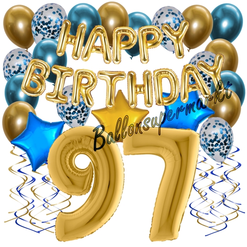 Ballons-und-Dekorations-Set-zum-97.-Geburtstag-Happy-Birthday-Chrome-Blue-and-Gold