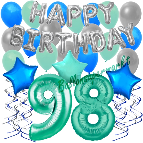 Ballons-und-Dekorations-Set-zum-98.-Geburtstag-Happy-Birthday-Aquamarin