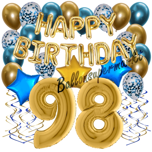 Ballons-und-Dekorations-Set-zum-98.-Geburtstag-Happy-Birthday-Chrome-Blue-and-Gold