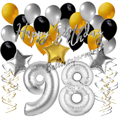 Ballons-und-Dekorations-Set-zum-98.-Geburtstag-Happy-Birthday-Silber-Gold-Schwarz