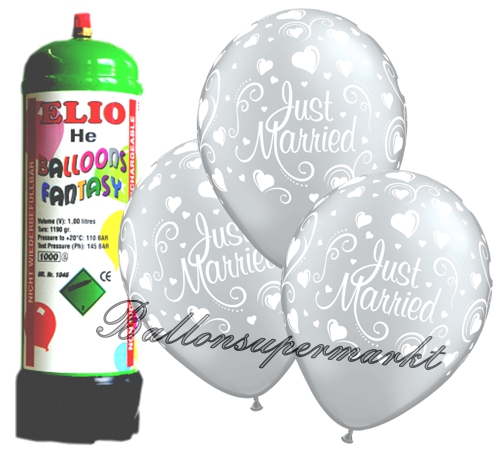 Ballons-und-Helium-Set-Mini-Einweg-Just-Married-silber-12-Stueck-Ballonflug-Dekoration-Hochzeitsfest-Trauung