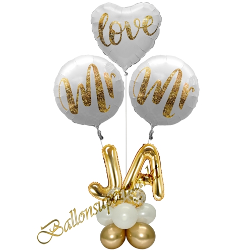 Ballonsdekoration-Hochzeit-Mr-and-Mr-Love-Ja-Gold-Weiss-Deko-zum-Hochzeitsfest