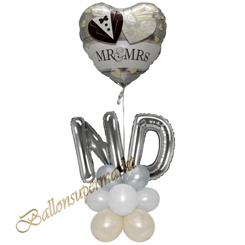 Ballonsdekoration-Hochzeit-Mr-and-Mrs-Brautpaar-mit-Initialen-Creme-Weiss-Silber-personalisierte-Deko-Tischdeko-Hochzeitsfest