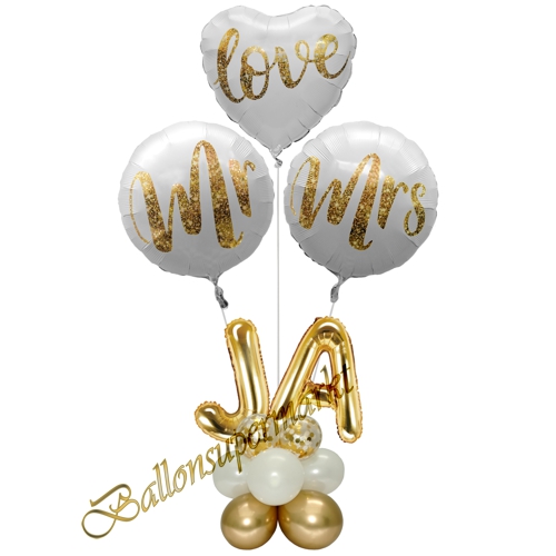 Ballonsdekoration-Hochzeit-Mr-and-Mrs-Love-Ja-Gold-Weiss-Deko-zum-Hochzeitsfest