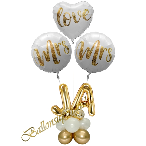 Ballonsdekoration-Hochzeit-Mrs-and-Mrs-Love-Ja-Gold-Weiss-Deko-zum-Hochzeitsfest