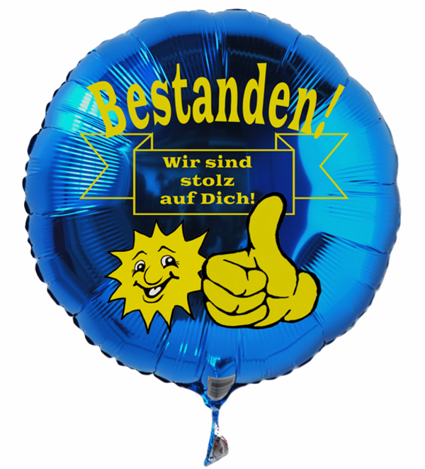 Bestanden! Wir sind stolz auf dich! Blauer Luftballon mit Ballongas Helium, Ballongrüße! Sag es mit Ballons!