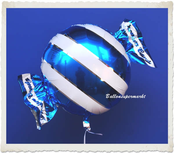 Bonbon Luftballon aus Folie mit Helium, Blau-Weißer Candy Ballon, Stripes