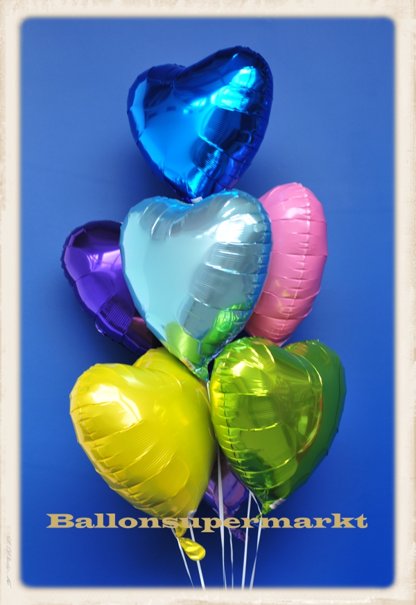 Bouquet-aus-7-bunten-Folien-Herzluftballons-mit-Helium