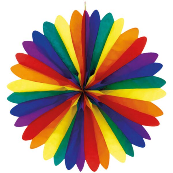 Große Deko-Rosette in Regenbogen-Farben, Karnevalsfächer, 120 cm, Partydekoration und Festdekoration