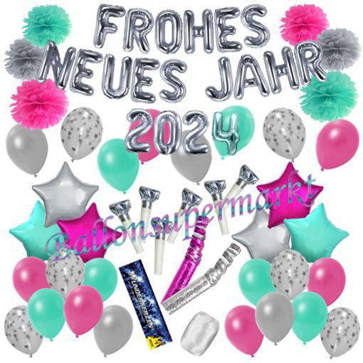 Deko-Set-Frohes-neues-Jahr-2024-Silber-Pink-Tuerkis-54-Teile-Raumdekoration-mit-Luftballons-zu-Silvester-Neujahr-Silvesterdekoration
