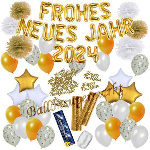 Deko-Set-Frohes-neues-Jahr-2024-Weiss-Gold-49-Teile-Raumdekoration-mit-Luftballons-zu-Silvester-Neujahr-Silvesterdekoration