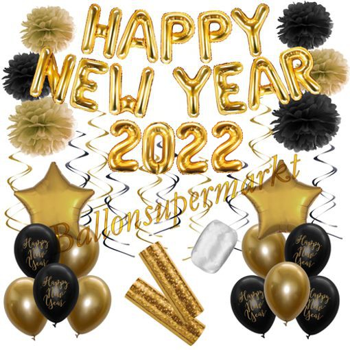Deko-Set-Happy-New-Year-2022-Gold-Schwarz-32-Teile-Raumdekoration-mit-Luftballons-zu-Silvester-Neujahr-Silvesterdekoration