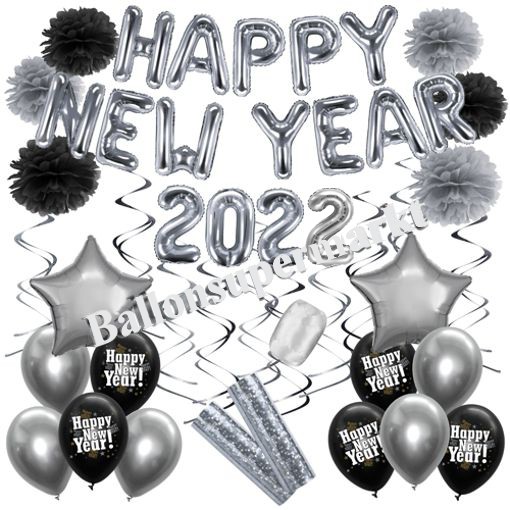 Deko-Set-Happy-New-Year-2022-Silber-Schwarz-32-Teile-Raumdekoration-mit-Luftballons-zu-Silvester-Neujahr-Silvesterdekoration