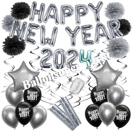 Deko-Set-Happy-New-Year-2024-Silber-Schwarz-32-Teile-Raumdekoration-mit-Luftballons-zu-Silvester-Neujahr-Silvesterdekoration