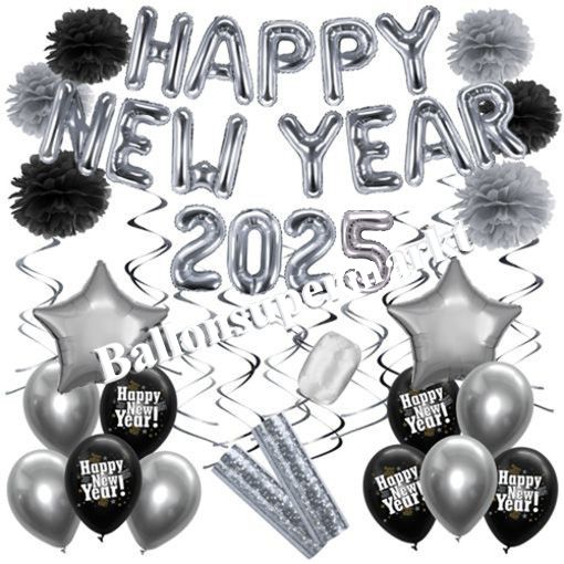 Deko-Set-Happy-New-Year-2025-Silber-Schwarz-32-Teile-Raumdekoration-mit-Luftballons-zu-Silvester-Neujahr-Silvesterdekoration