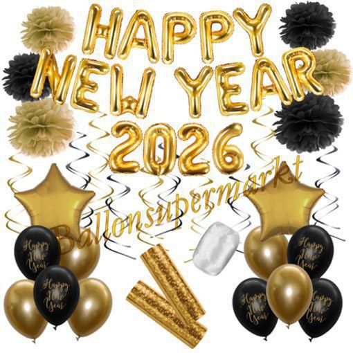 Deko-Set-Happy-New-Year-2026-Gold-Schwarz-32-Teile-Raumdekoration-mit-Luftballons-zu-Silvester-Neujahr-Silvesterdekoration