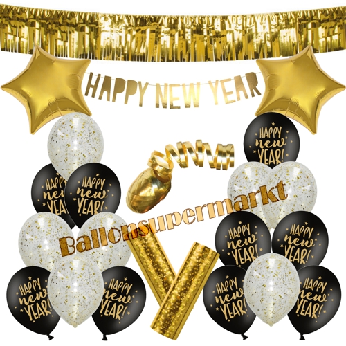 Deko-Set-Happy-New-Year-Gold-23-Teile-Raumdekoration-mit-Luftballons-zu-Silvester-Neujahr-Silvesterdekoration