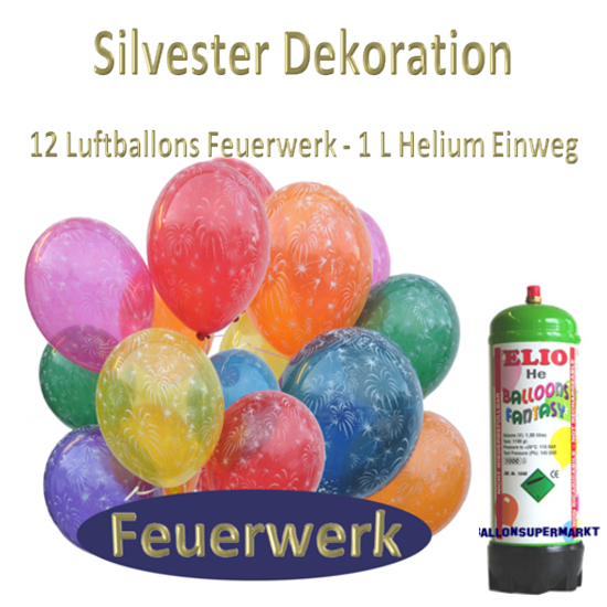 Silvester Deko: 12 Luftballons Feuerwerk, 1 Liter Ballongas im Einwegbehälter