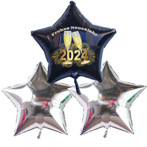 Dekoration zu Silvester mit Luftballons aus Folie, 2 silberne Sternballons, 1 schwarzer Sternballon 2024