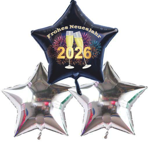 Dekoration zu Silvester mit Luftballons aus Folie, 2 silberne Sternballons, 1 schwarzer Sternballon 2026