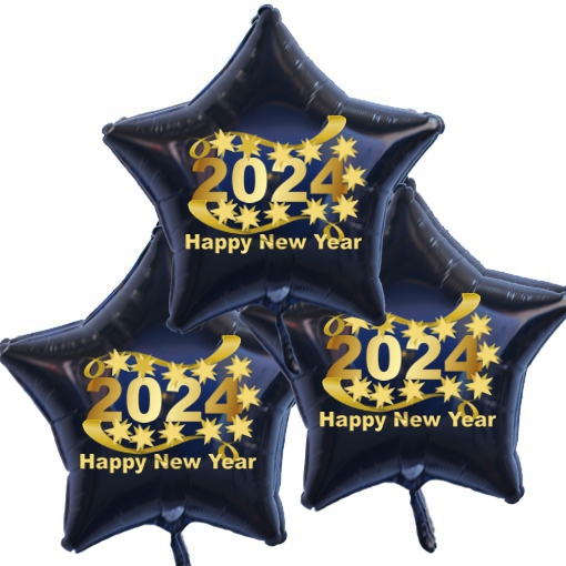 Dekoration-Silvester-3-Sternballons-aus-Folie-Happy-New-Year-2024