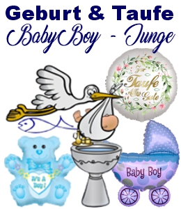 Dekoration und Luftballons zu Geburt und Taufe. Baby Boy, Junge