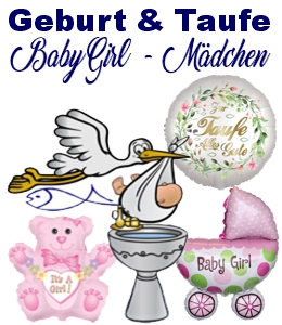 Dekoration und Luftballons zu Geburt und Taufe. Baby Girl, Mädchen