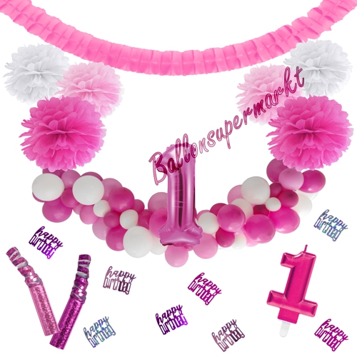 Dekorations-Set-zum-1.-Geburtstag-Wilde-Girlande-Pink-Rosa-Weiß