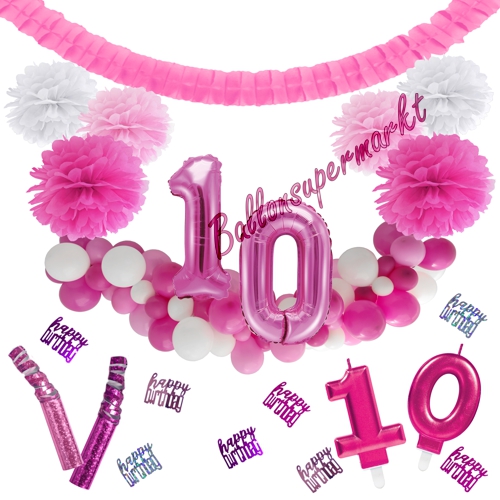 Dekorations-Set-zum-10.-Geburtstag-Wilde-Girlande-Pink-Rosa-Weiß