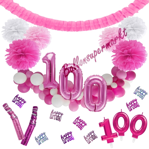 Dekorations-Set-zum-100.-Geburtstag-Wilde-Girlande-Pink-Rosa-Weiß