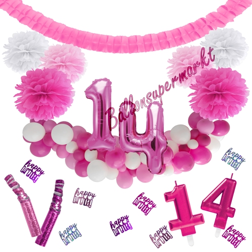 Dekorations-Set-zum-14.-Geburtstag-Wilde-Girlande-Pink-Rosa-Weiß