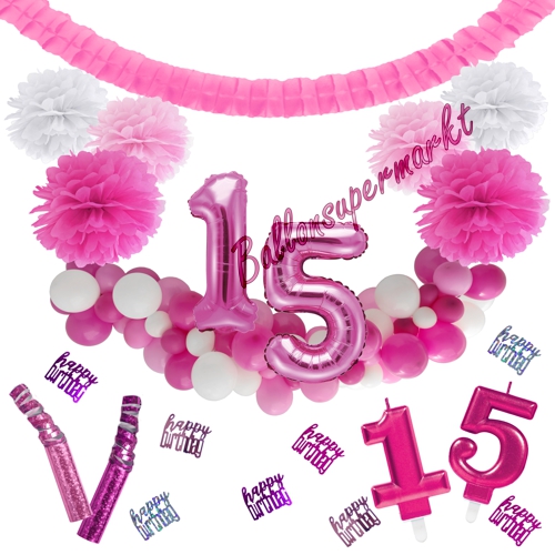 Dekorations-Set-zum-15.-Geburtstag-Wilde-Girlande-Pink-Rosa-Weiß
