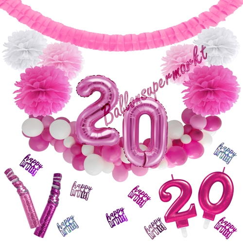 Dekorations-Set-zum-20.-Geburtstag-Wilde-Girlande-Pink-Rosa-Weiß