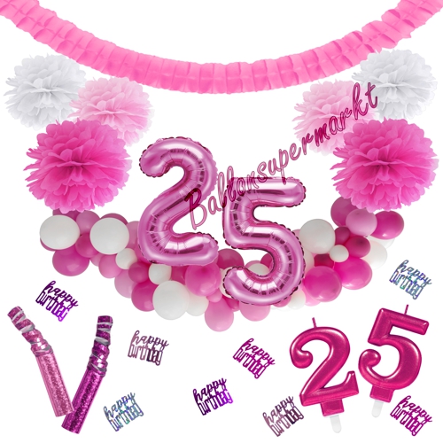 Dekorations-Set-zum-25.-Geburtstag-Wilde-Girlande-Pink-Rosa-Weiß