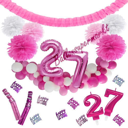 Dekorations-Set-zum-27.-Geburtstag-Wilde-Girlande-Pink-Rosa-Weiß