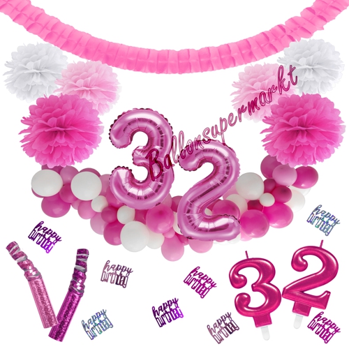 Dekorations-Set-zum-32.-Geburtstag-Wilde-Girlande-Pink-Rosa-Weiß