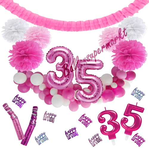 Dekorations-Set-zum-35.-Geburtstag-Wilde-Girlande-Pink-Rosa-Weiß