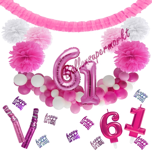 Dekorations-Set-zum-61.-Geburtstag-Wilde-Girlande-Pink-Rosa-Weiß