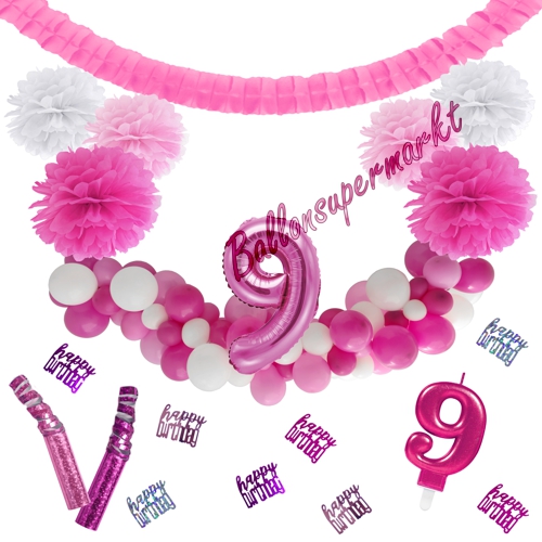 Dekorations-Set-zum-9.-Geburtstag-Wilde-Girlande-Pink-Rosa-Weiß