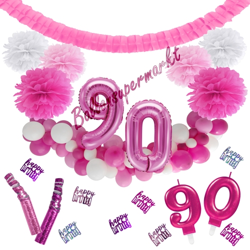 Dekorations-Set-zum-90.-Geburtstag-Wilde-Girlande-Pink-Rosa-Weiß