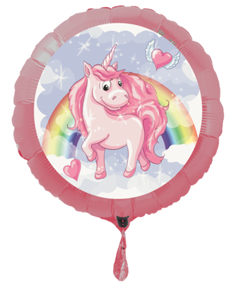 Einhorn-Regenbogen-Rund-Luftballon-aus-Folie-in Rosa
